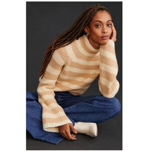 Anthropologie Maeve Striped Chunky Knit Mock Neck Pullover Sweater Tan Small